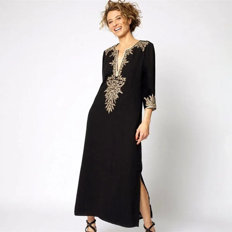 Women Sexy V Neck Rayon Cover Up Dress with Gold Thread Embroidery for Beach Vacation Swimwear Outerwear Lightweight Sun Protect