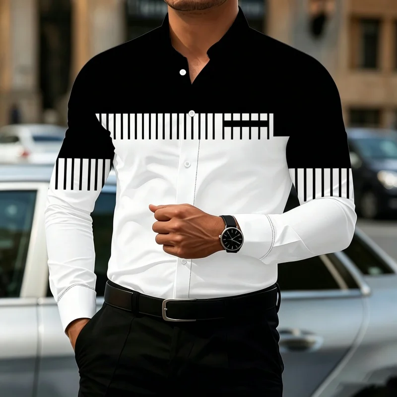 

European and American style men's shirt with contrasting long sleeves and black and white geometric stripes, casual men's top