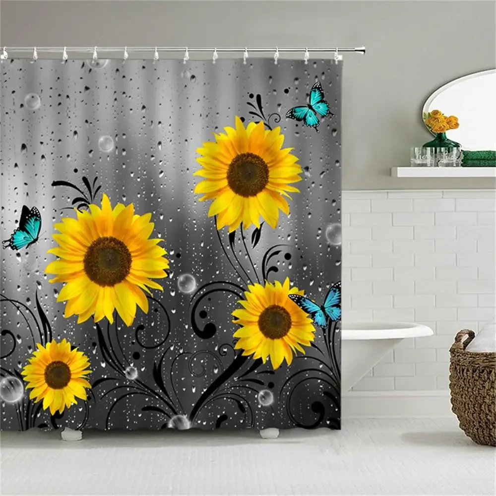 Colorful Flower Shower Curtain Wooden Panel Background Water Beads Rose Daisy Sunflower Butterfly Yellow Red Bathroom Decoration