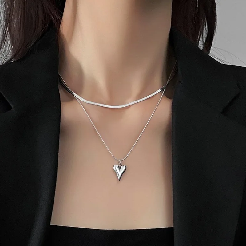 Silver Color Double Layered Love Heart Pendant Necklace for Women Simple Neck Chain Jewelry