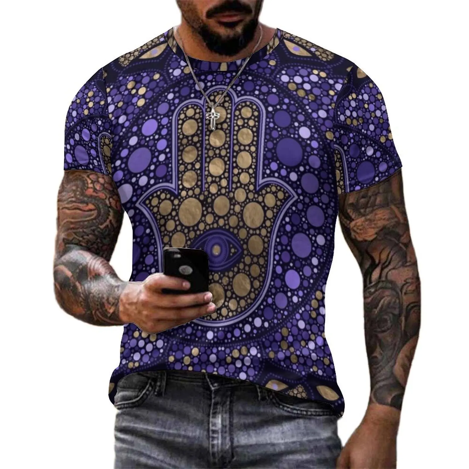 Hamsa Hand Print T-Shirt Lotus Mandala Man Fashion T Shirts Beach Graphic Tees Short Sleeves Funny Oversize Tops Gift