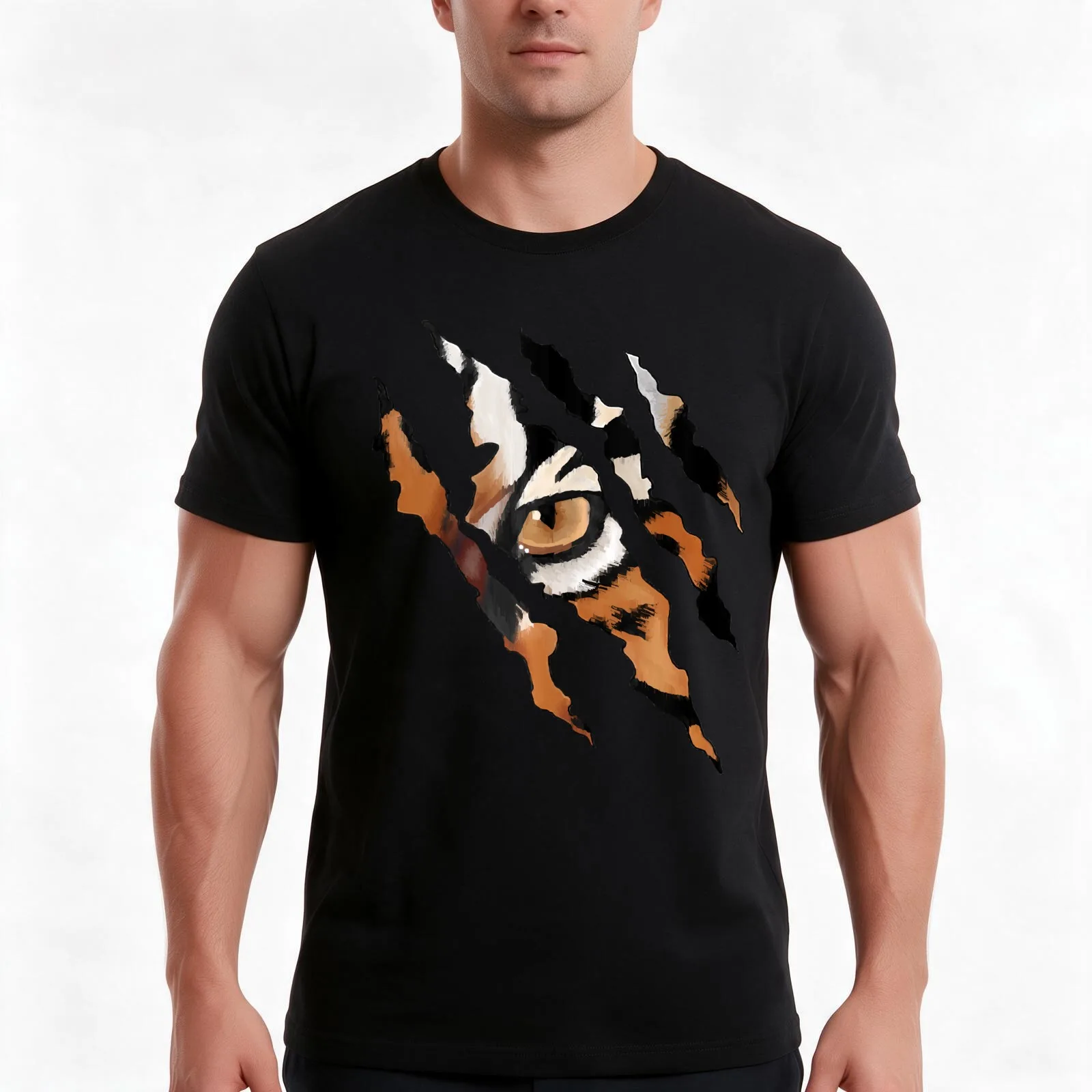 Fearless Tiger Cat Eye Claw Silhouette T-Shirt, Summer Casual Cotton Tee, Oversized Streetwear Tops, Vintage Graphic Print