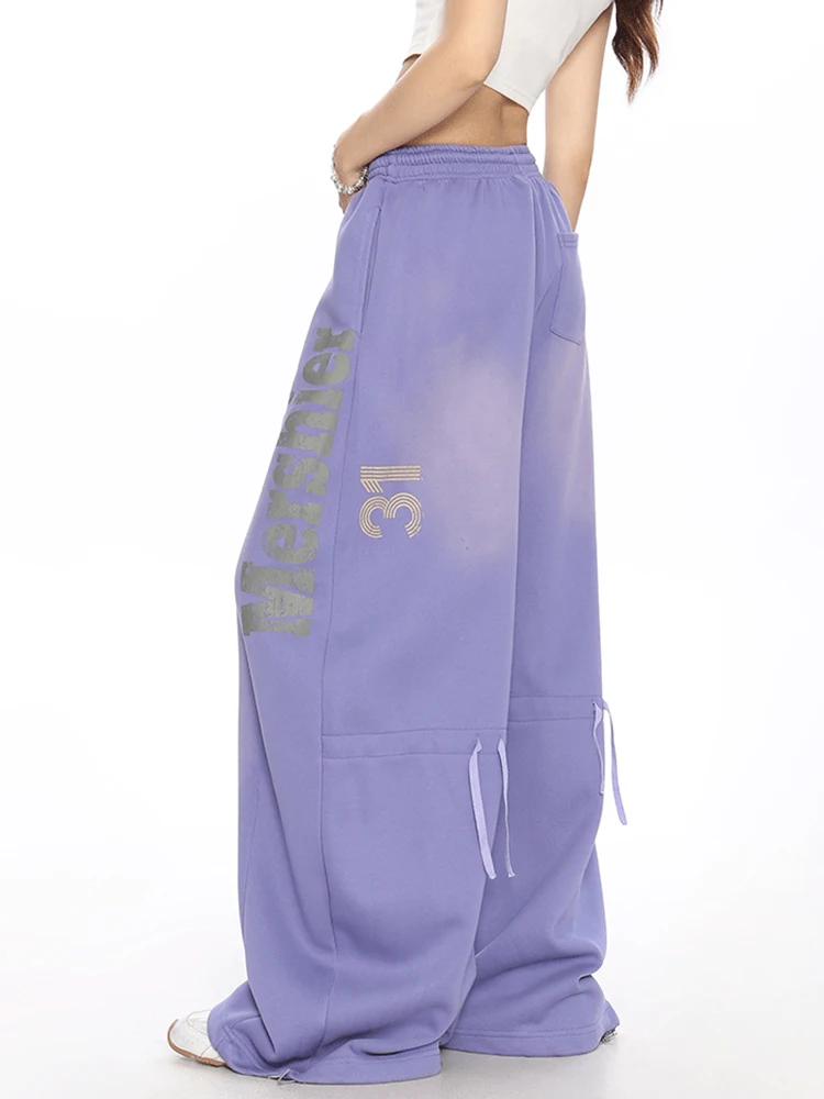 Retro American Distressed Letter Wide Leg Sweatpants Women Summer New Loose Casual Straight Leg Pants Unisex High Waist Rope ...