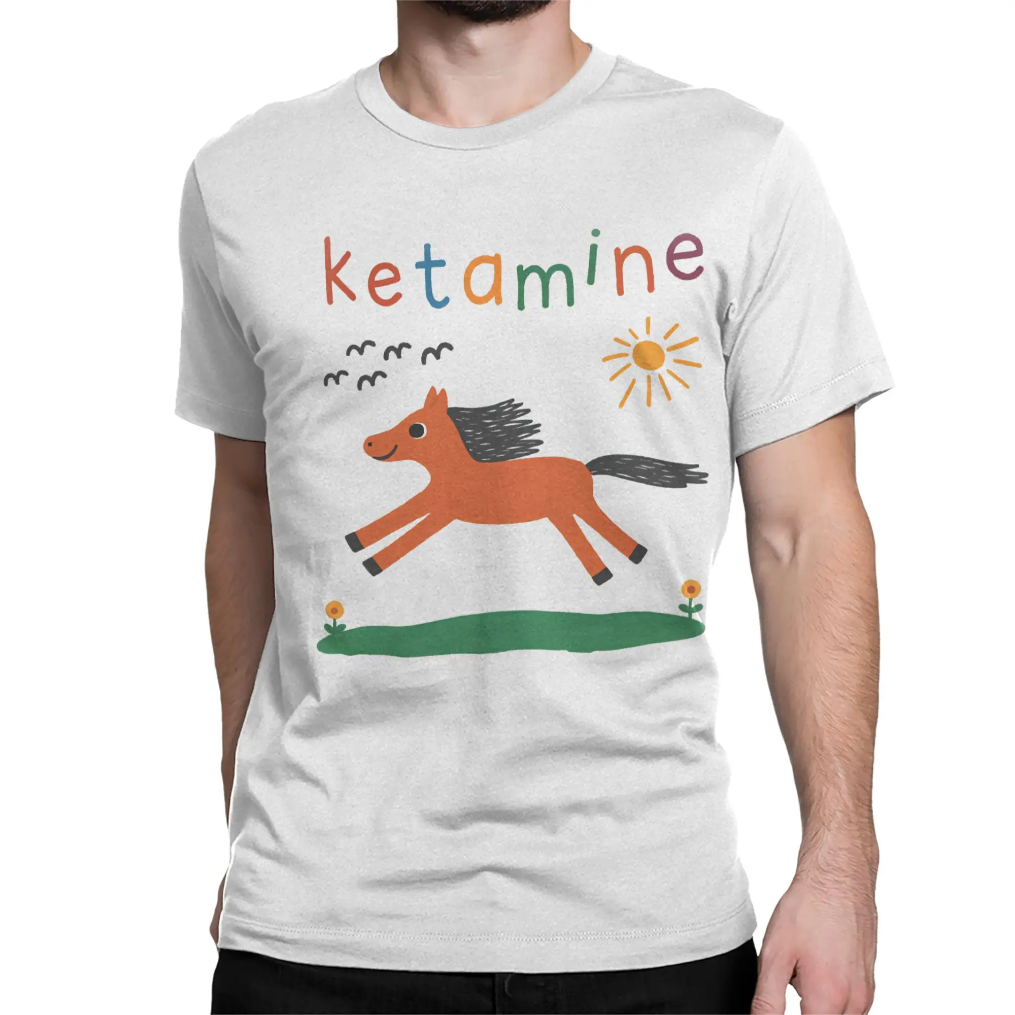 Ketamin Horse Cartoon T Shirt Men Women's Pure Cotton Hipster T-Shirts Crewneck  Tees Short Sleeve Clothes Plus Size