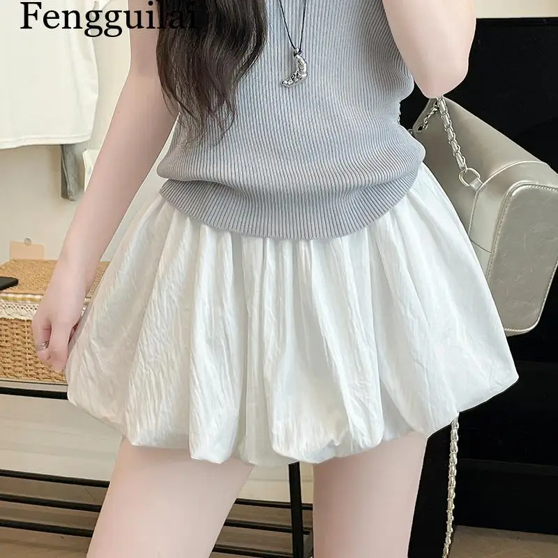Women's Mini Skirt High Waist A-Line Slimming Summer Skirt with Built-in Shorts for Petite, Pleated Puff Hem Pink