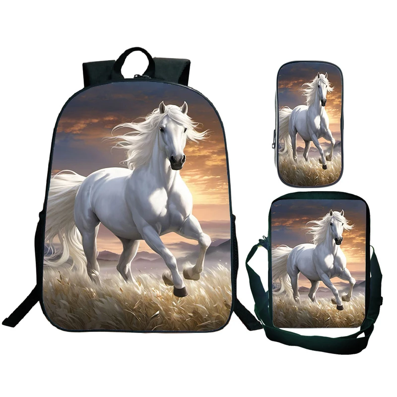 3D Running Horses Backpack 3 Pcs/Set 16 Inch Waterproof Boys Girls School Bags Animal Horse Children Bookbag Travel Bag Mochila