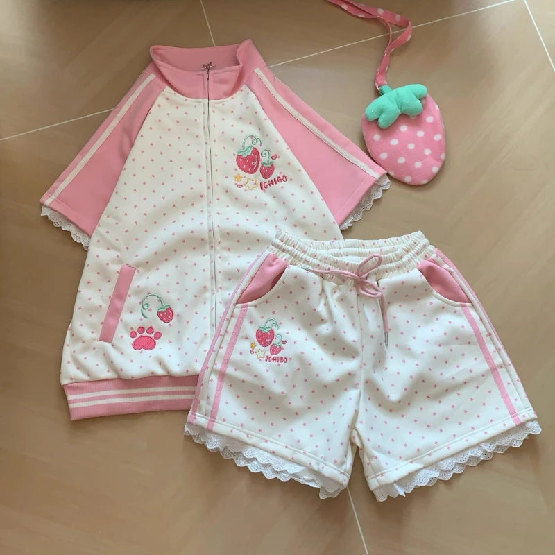 Kawaii Harajuku Subculture 2 Piece Set Women Strawberry Embroidery Lace Trim Contrast Stripe Loose Fit Zip Up Short Sleeve Jacke