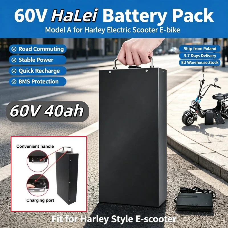60V 20-60Ah Lithium-Akku-Pack mit Ladegerät für Harley Elektroroller E-Bike Motorrad, wiederaufladbarer Li-Ionen-Akku mit BMS-Schutz, Lager in Polen, 3-7 Tage EU-Lieferung vor Ort
