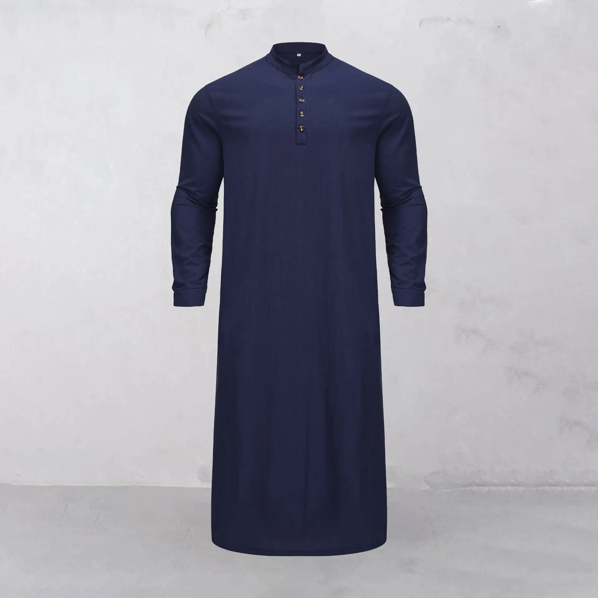 Long Sleeved Middle Eastern Men's Robe Muslim Solid Pattern Polyester Embroidered Stand Collar Arabic Loose Fit Ethnic Bandana