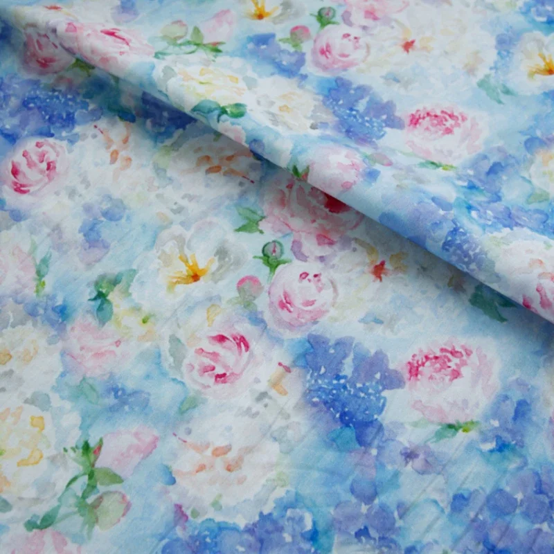 140x50cm Watercolor Fog Blue Flower Digital Printing Pure Cotton Fabric Children's Clothing Dress Clothing Fabric Diy