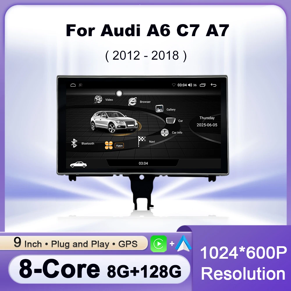 

9Inch Screen Android 15 Wireless CarPlay Car Multimedia Player For Audi A6 C7 A7 2012 - 2018 4G Music Stereo GPS Navi Auto Radio