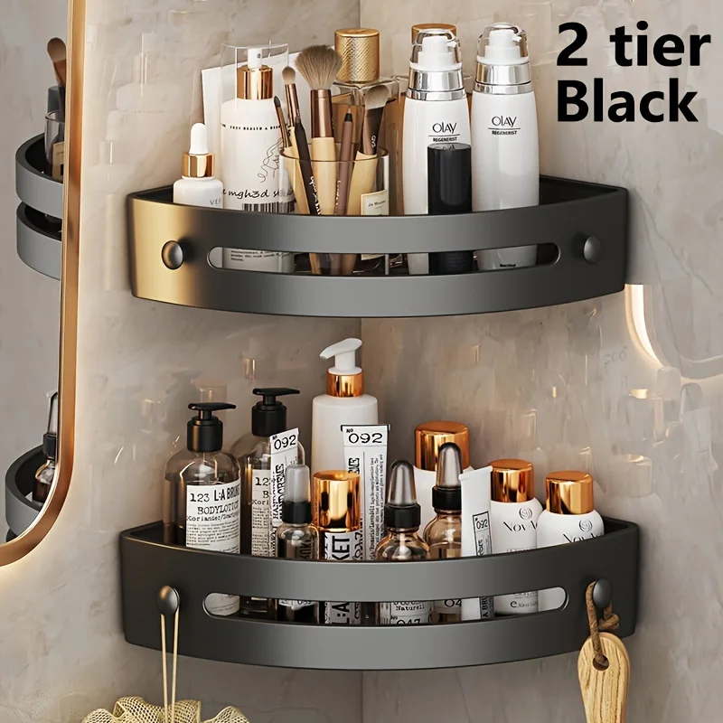 Metal Corner Shower Caddy 2-Tier - Wall-Mounted Bathroom  Organizer with Adhesive No-Drill Installation & 2 , Black