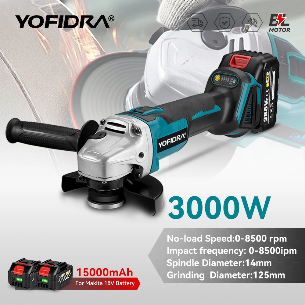 YOFIDRA 3000W 125mm Brushless Electric Angle Grinder 4 Gears For Makita 18V Battery Metal Wood Grinding Polishing Cutting Tool