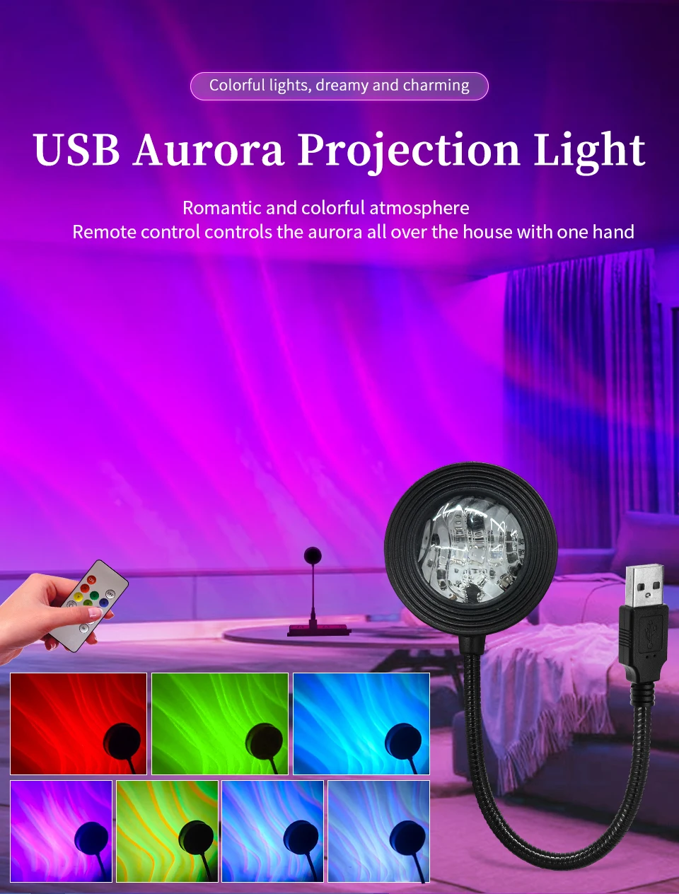 USB Plug-in Water Ripple Shaped Aurora Projection Light Touch/remote Control Color Changing Lighting Atmosphere Decoration Light