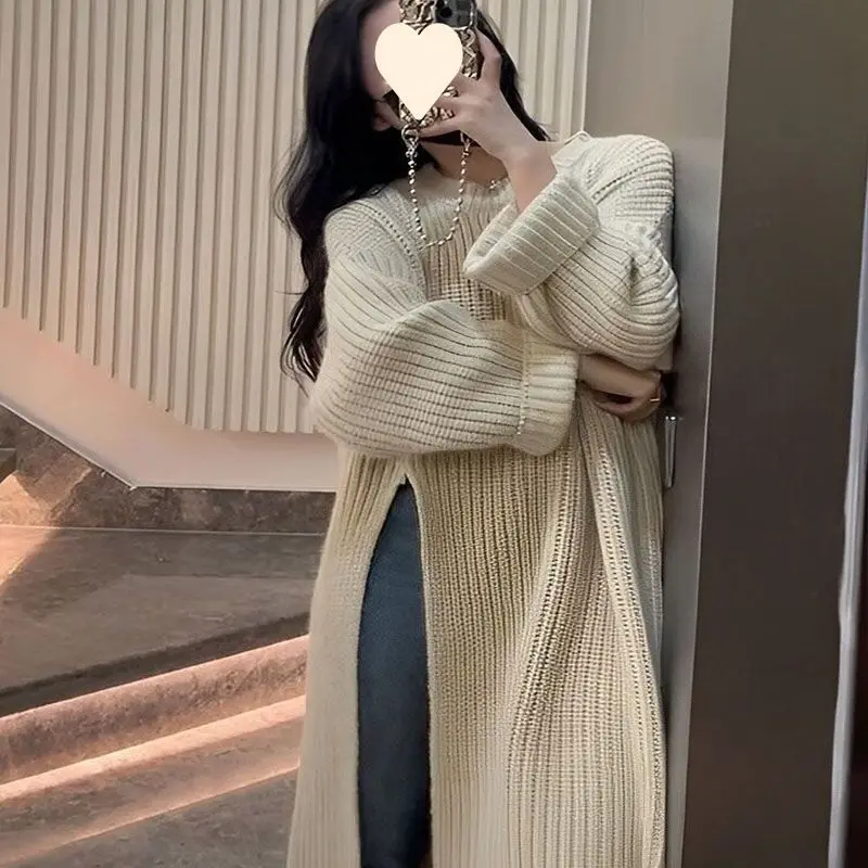 Irregular slit knitted pullover for women in spring and autumn round neck long loose and lazy style long sleeved sweater