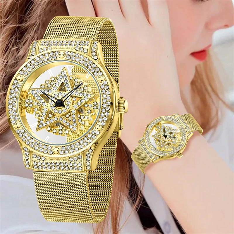 

LIGE Watches for Women Creative Hollow Dial Quartz Wristwatches Stainless Steel Mesh Band Waterproof Ladies Clock Lover Gift+Box