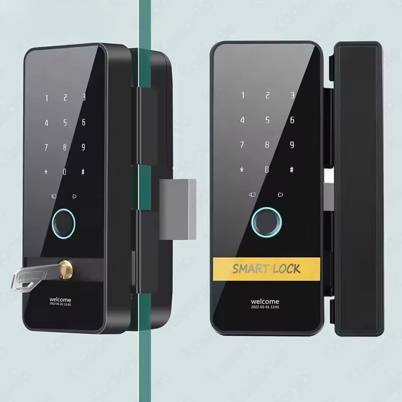Biometric Fingerprint Time Record Zinc Alloy Security Frameless Glass Sliding Door Smart Lock