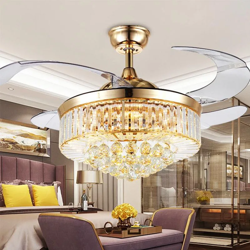 Led Luxury Gold Crystal Ceiling Fan With Lights 42 Inch Remote Control 110v 220 V Ceiling Fan Nordic  Home Decorative Fans Light