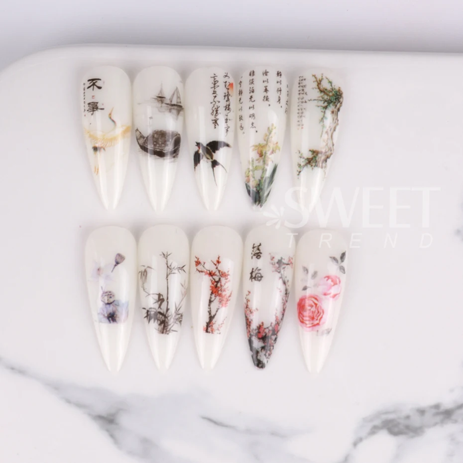 10pcs Nail Foils Chinese Character Crane Bamboo Fish Flower Plum Sticker Slider Transfer Adhesive Gel Polish Nail Decoration