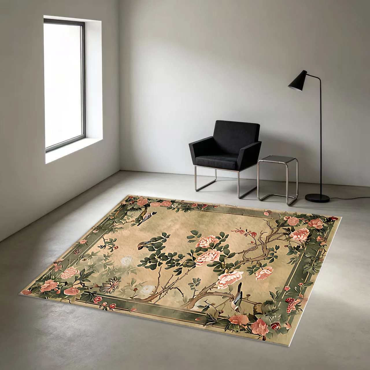 Vintage Chinese Style Peony Flower Bird Garden Carpet Floor Non-Slip Retro Art Carpet Suitable for Living Room Bedroom Home Decor