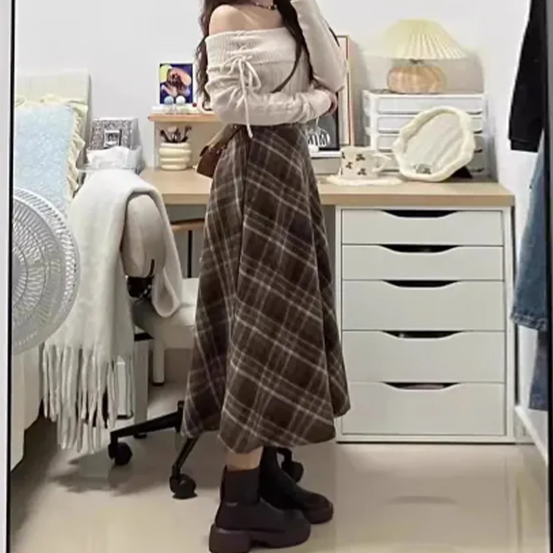 Fashionable High Waist Casual Loose Plaid Autumn And Winter Skirt For Women