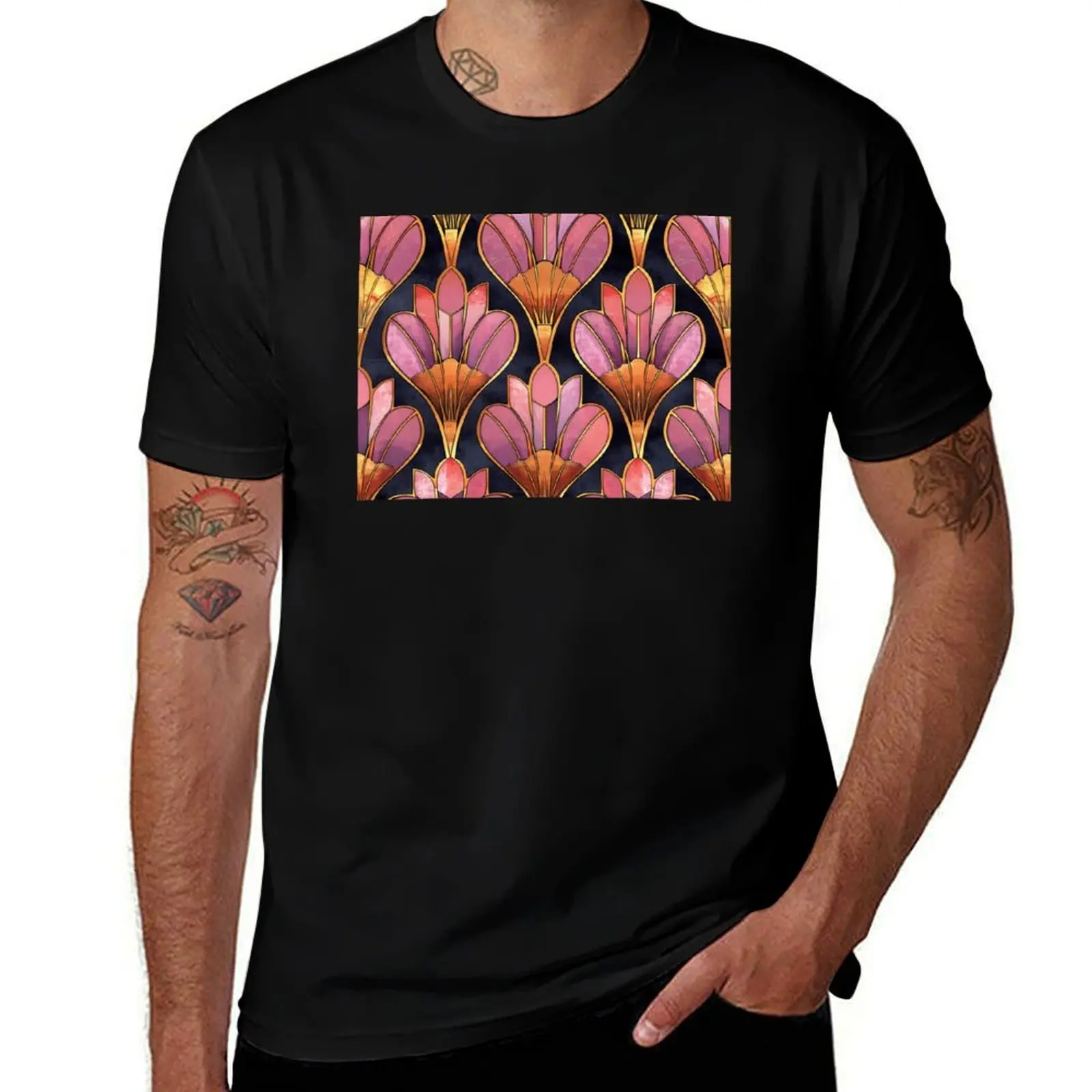 

Pink, Gold and Black Floral Art-Deco Pattern T-Shirt t shirt man plain man t shirts graphic T-Shirt