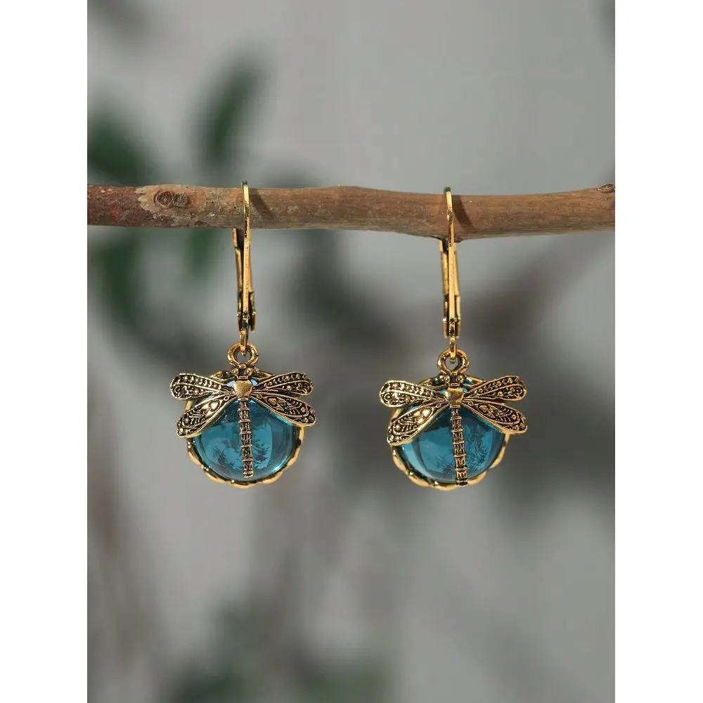 

Vintage Dragonfly Green Crystal Pendant Earrings, Bohemian Style Earring Jewelry For Women, Party