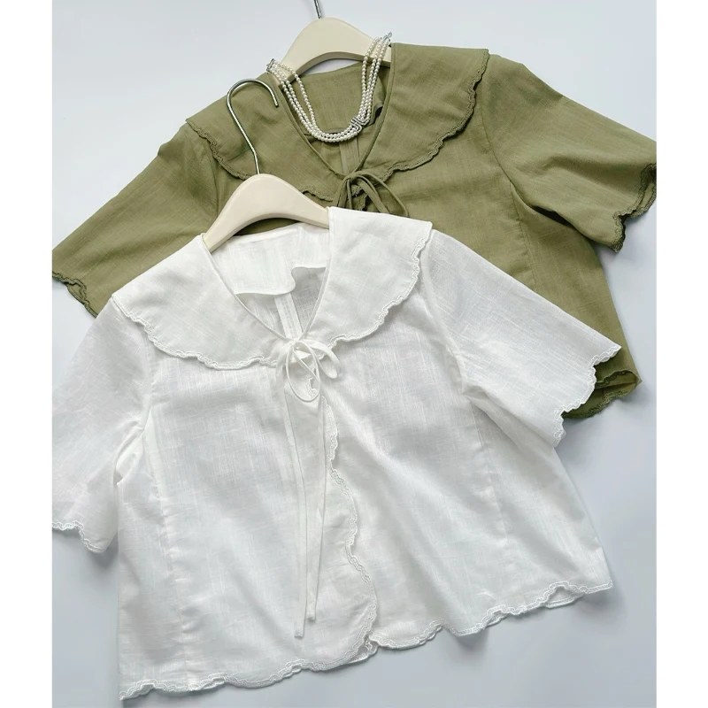 เสื้อผ้าผู้หญิง MICOAT รุ่น Summer 25 คอปกปักลายลูกไม้ แต่งขอบผ้าลินินทรงหลวม สองสี สไตล์ฝรั่งเศส แขนสั้นลำลอง