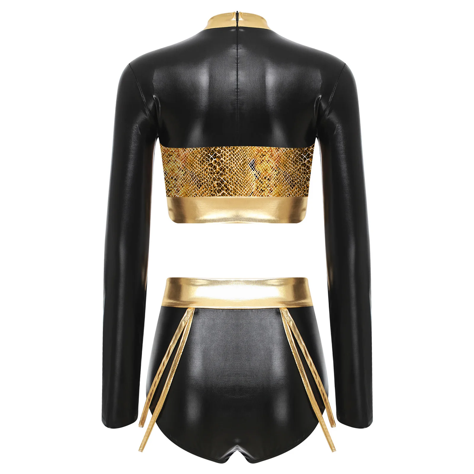 Womens Metallic Shiny Clubwear 복장 뱀 가죽 패턴 프린트 긴 소매 크롭 탑 + Raves Disco Dance Top 용 하이 웨이스트 반바지