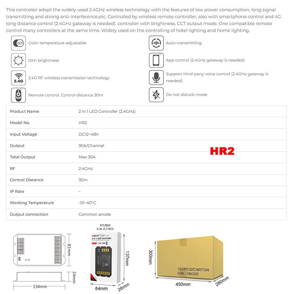 Kontroler LED Miboxer HR2 2IN1 HR5 5IN1 2,4 GHz RF Duży prąd Maks. 30 A do taśm LED jednokolorowych/dwusiałych/RGB/RGBW/RGB+CCT