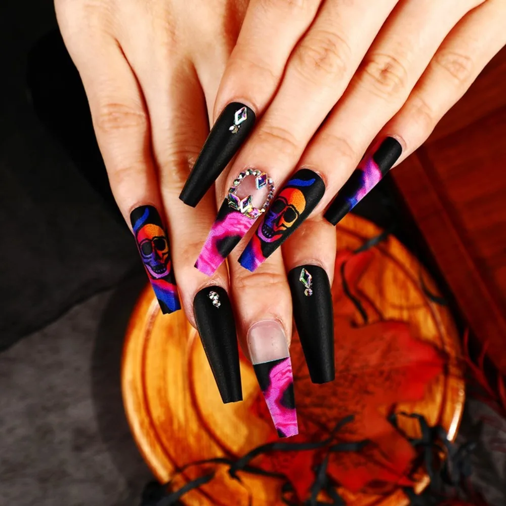 Faux ongles artificiels réutilisables pour Halloween, couverture complète, longue longueur, citrouille détachables, portables, pour Ballet, pour femmes