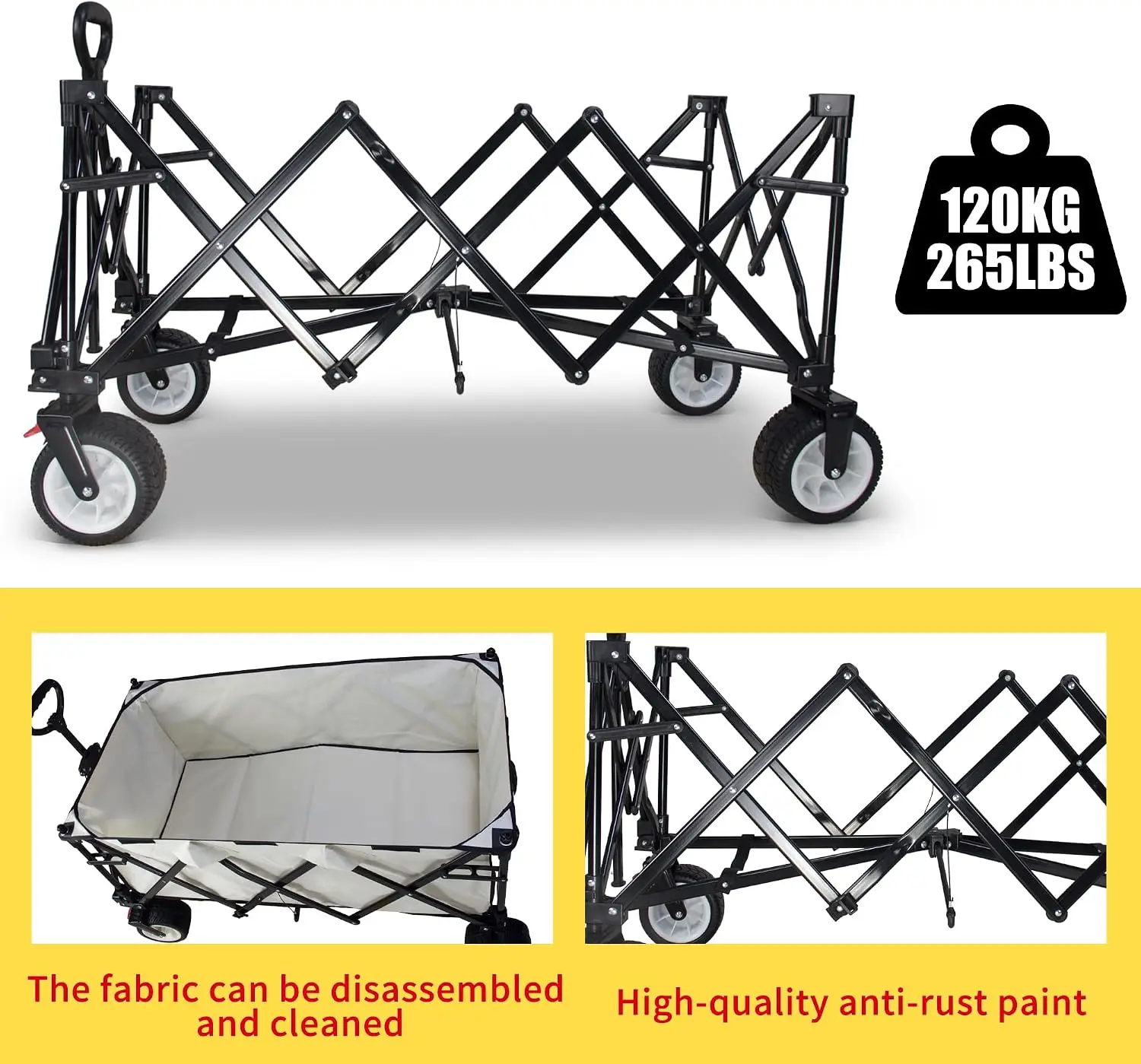 Collapsible Wagon 445L Heavy Duty Foldable Cart with All-Terrain Wheels, Canopy & Brakes - Extra Large Utility Wagon