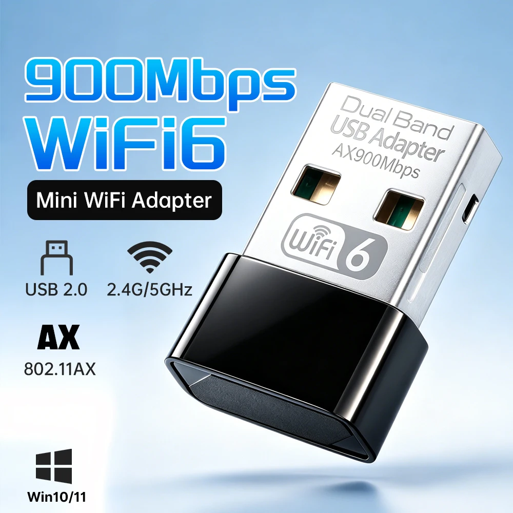 

WiFi 6 AX900 USB WiFi Adapter 900Mbps 802.11AX Wireless WiFi Dongle Dual Band 2.4G/5GHz Network Card Driver Free For Win10/11