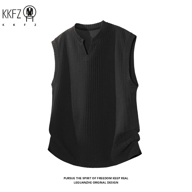 Mens Vertical Ribbed Knit Sleeveless Vest Notched Collar Oversized Cutting Suitable For Vacation Dating And Casual Scenes