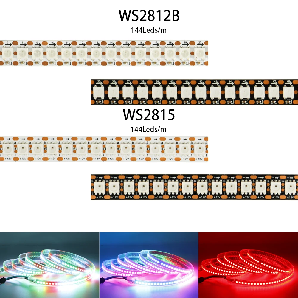 

DC5V WS2812B DC12V WS2815 Individually Addressable RGBIC LED Strip WS2812 5050 144Leds/m Smart Pixels Led Light IP30/65/67