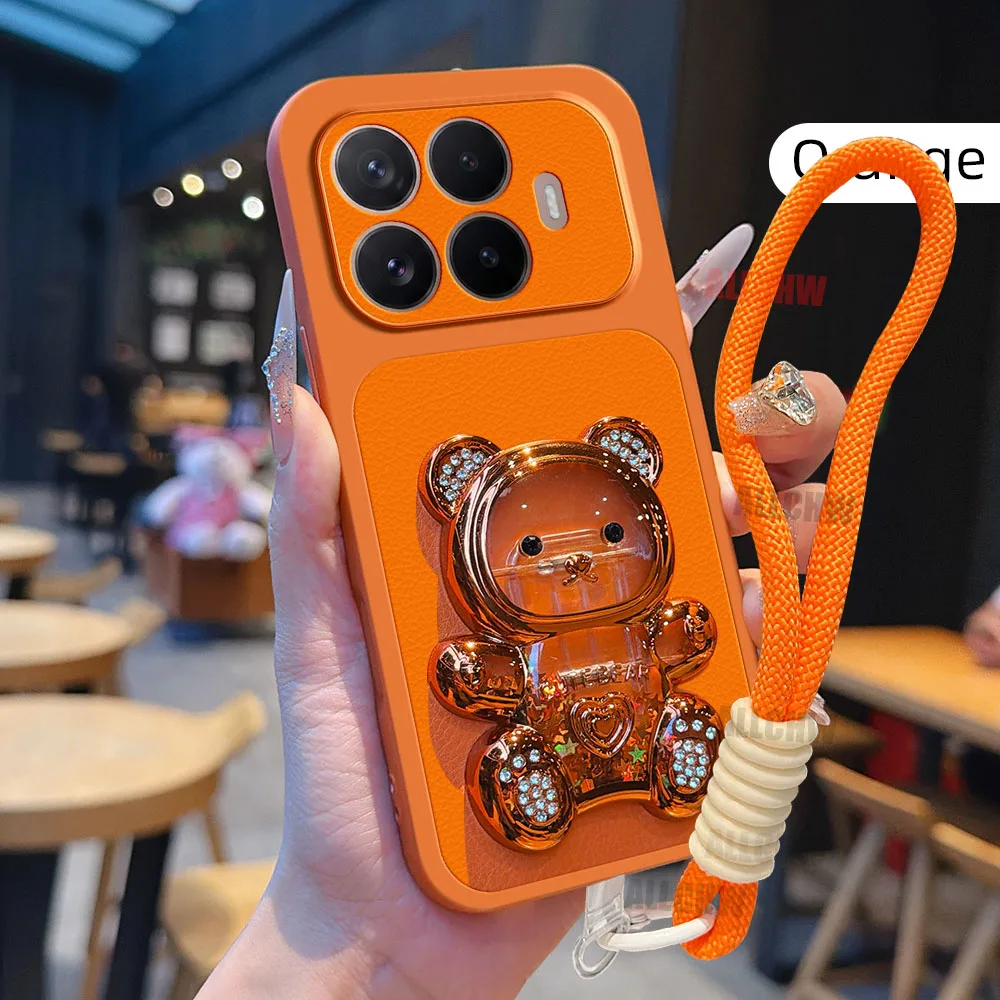 Funda de Teléfono con Soporte de Oso 3D y Textura de Litchi para Xiaomi 17T 17 Pro Max 15 Ultra 15T 14T 13T 12 con Cuerd