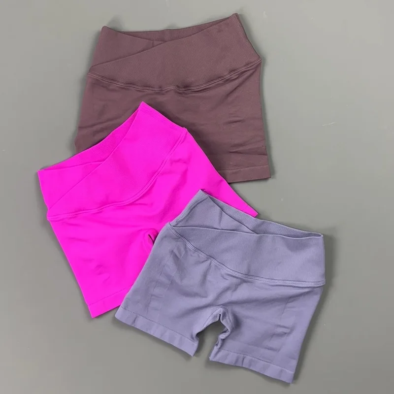 Crossover V Waist Ribbed Biker Shorts Women High Waist Tummy Control Stretch Soft Seamless Workout Yoga Running Sports Shorts