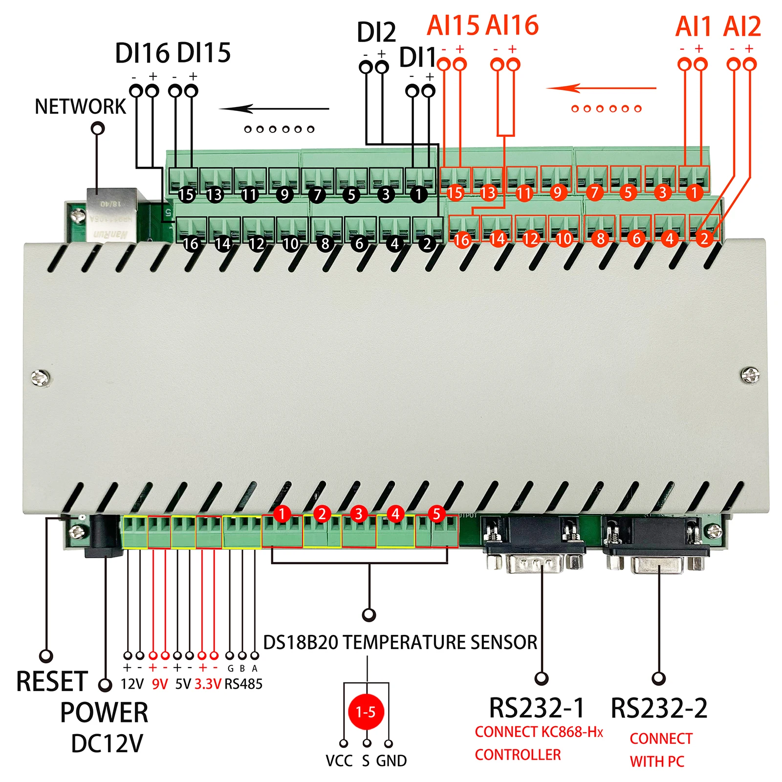 16 Analog Ai Digital Di Acquisition Board Module100  Rs485 Power Meter 5 Temperature Ds18b20 Detection  for DIY Development