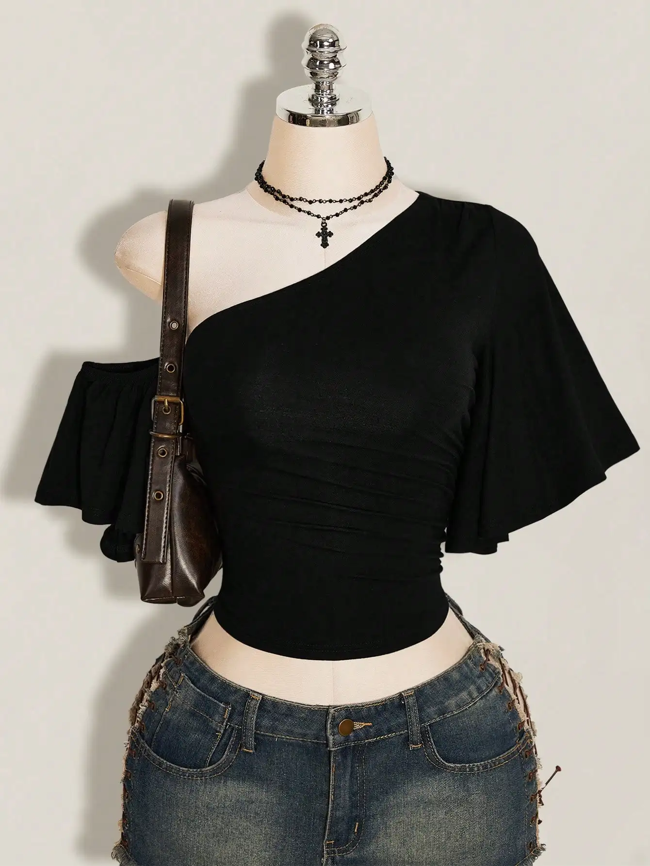 Y2K Asymmetric Blouse, Solid Color Side Drawstring Top, Sexy Short Sleeve Going Out Summer Top for Women