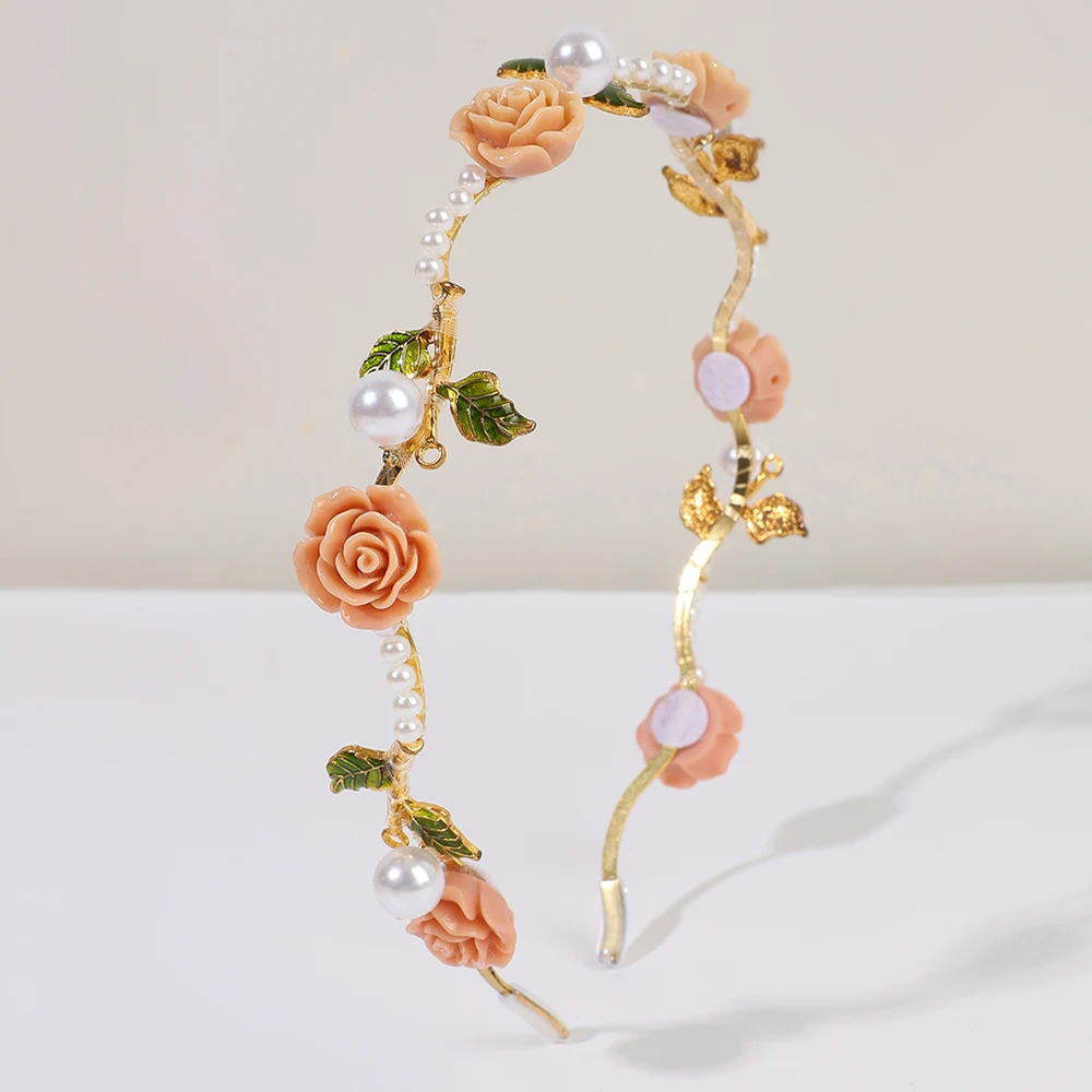 Elegant Rose Pearls Headband For Women Girls Princess Tiara Sweet Floral Hairband Green Leaves Accent Hair Hoop Hair Accessories