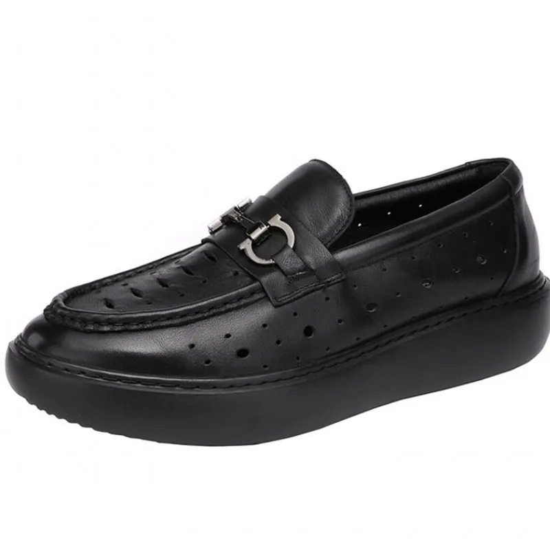 

Summer Genuine Leather Breathable Thick heel Loafers Black Slip on Casual Shoes for men Hombre