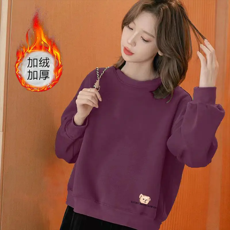 Korean Fashion Autumn Winter New Women's O-Neck Letter Printing Plus Velvet Thicken Long Sleeve Loose Pullovers Sweatshirts Tops