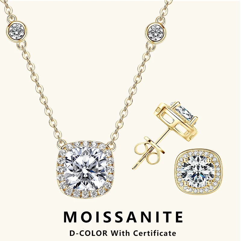 Lnngy Cushion Cut Moissanite Pendant Necklace For Women Bijoux Argent 925 Sterling Silver Halo Stud Earring Neck Jewelry Set