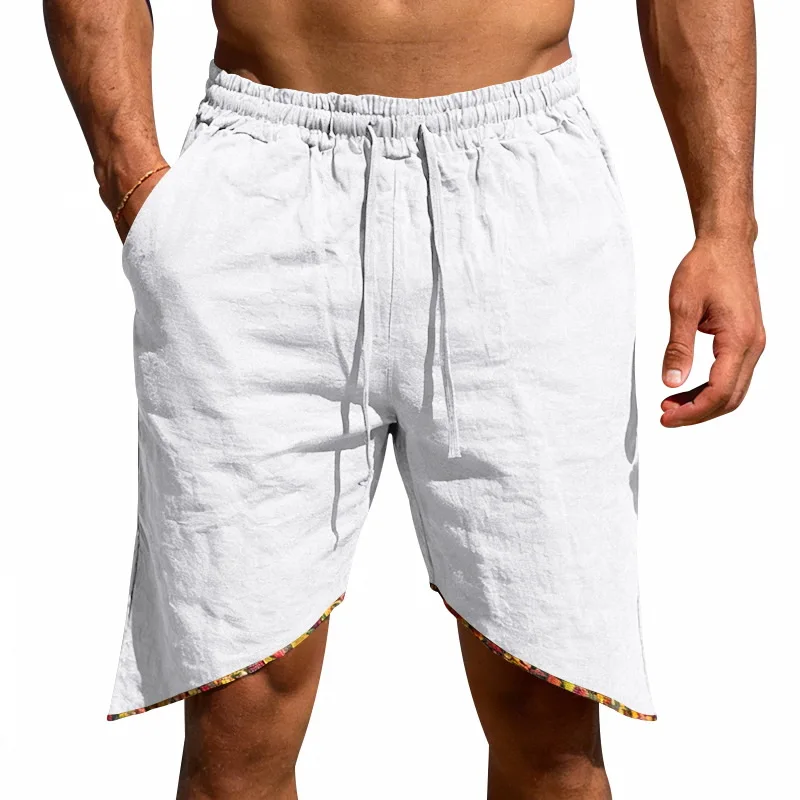 Men Summer Drawstring Linen Shorts Contrast Floral Trim Hem Loose Breathable Beach Vacation Casual Pocket Walk Shorts