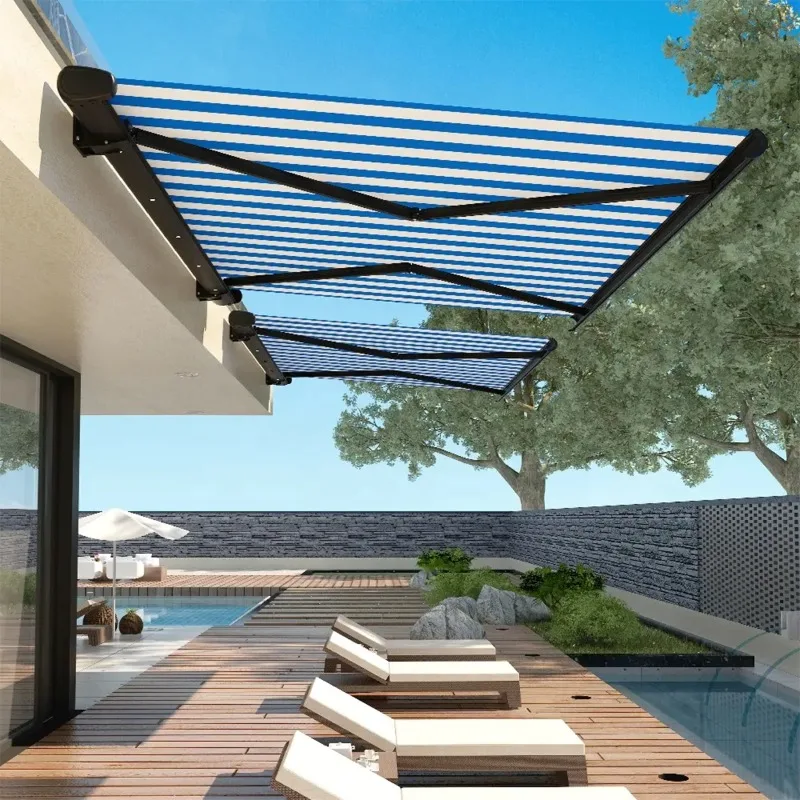 

High quality outdoor awning waterproof fabric curved arm intelligent electric telescopic roof awning