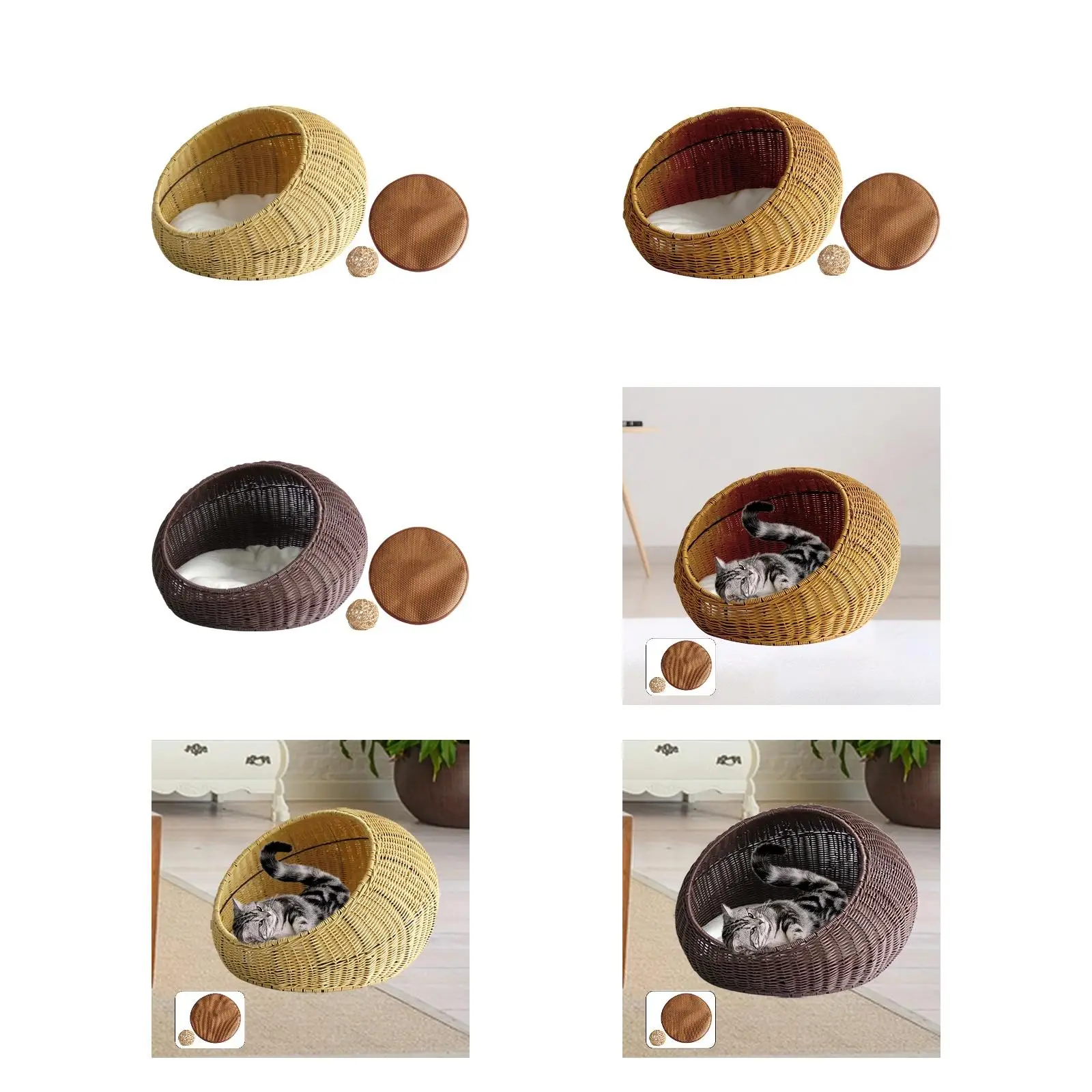

Cat Bed Basket Imitation Rattan with Soft Cushion, Mat, Ball Woven Cat Bed