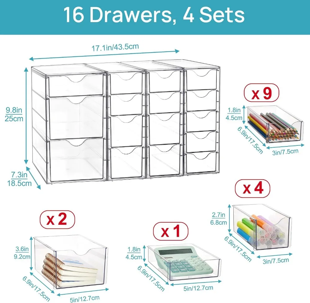 16-Drawer Acrylic Organizer Set, Clear Storage for Desk, Makeup, Jewelry & Crafts