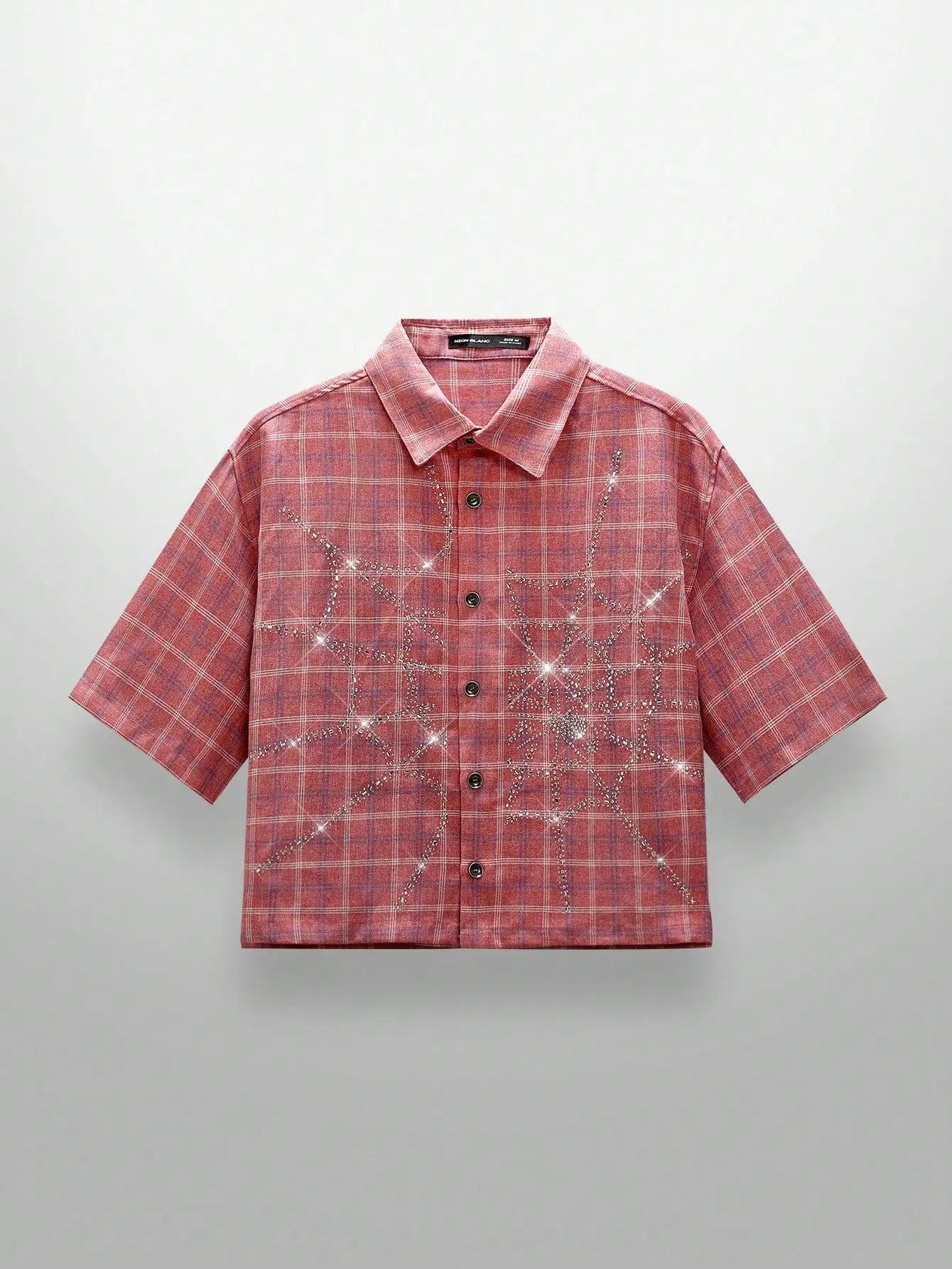 

Men's Short Sleeve Woven Plaid Shirt with Rhinestone Web Pattern