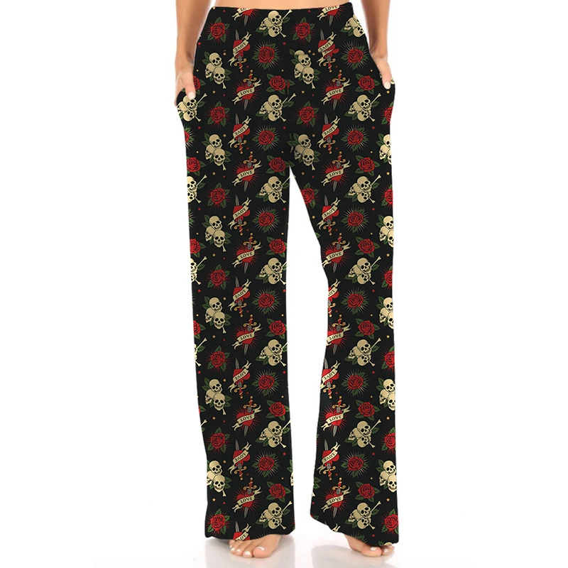 LETSFIND High Quaility Lounger Streetwear Women Skull and Flowers  Print Casual Pants  Fashion Loose Soft Stretch Girls  Pants