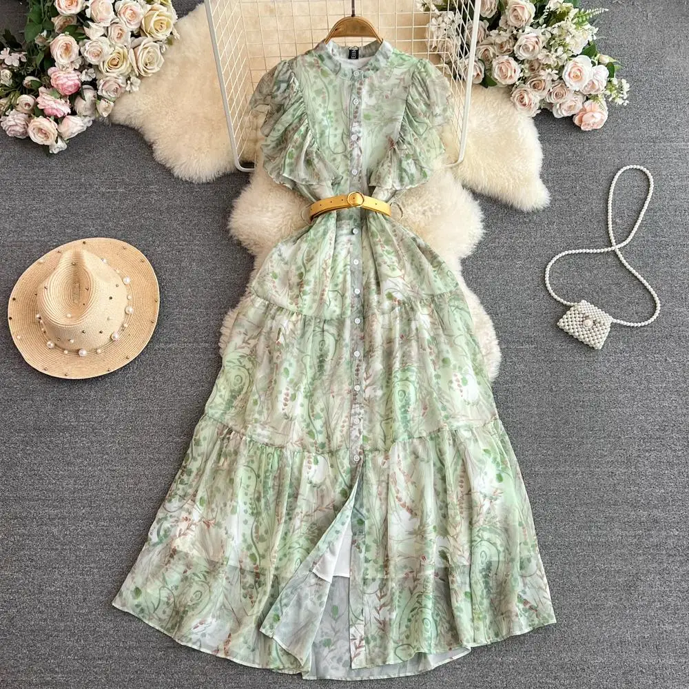 

2023 Designer Runway Summer Chiffon Long Dress Women Butterfly Sleeve Flower Print Belt Elegant Holiday Party Robes N9062